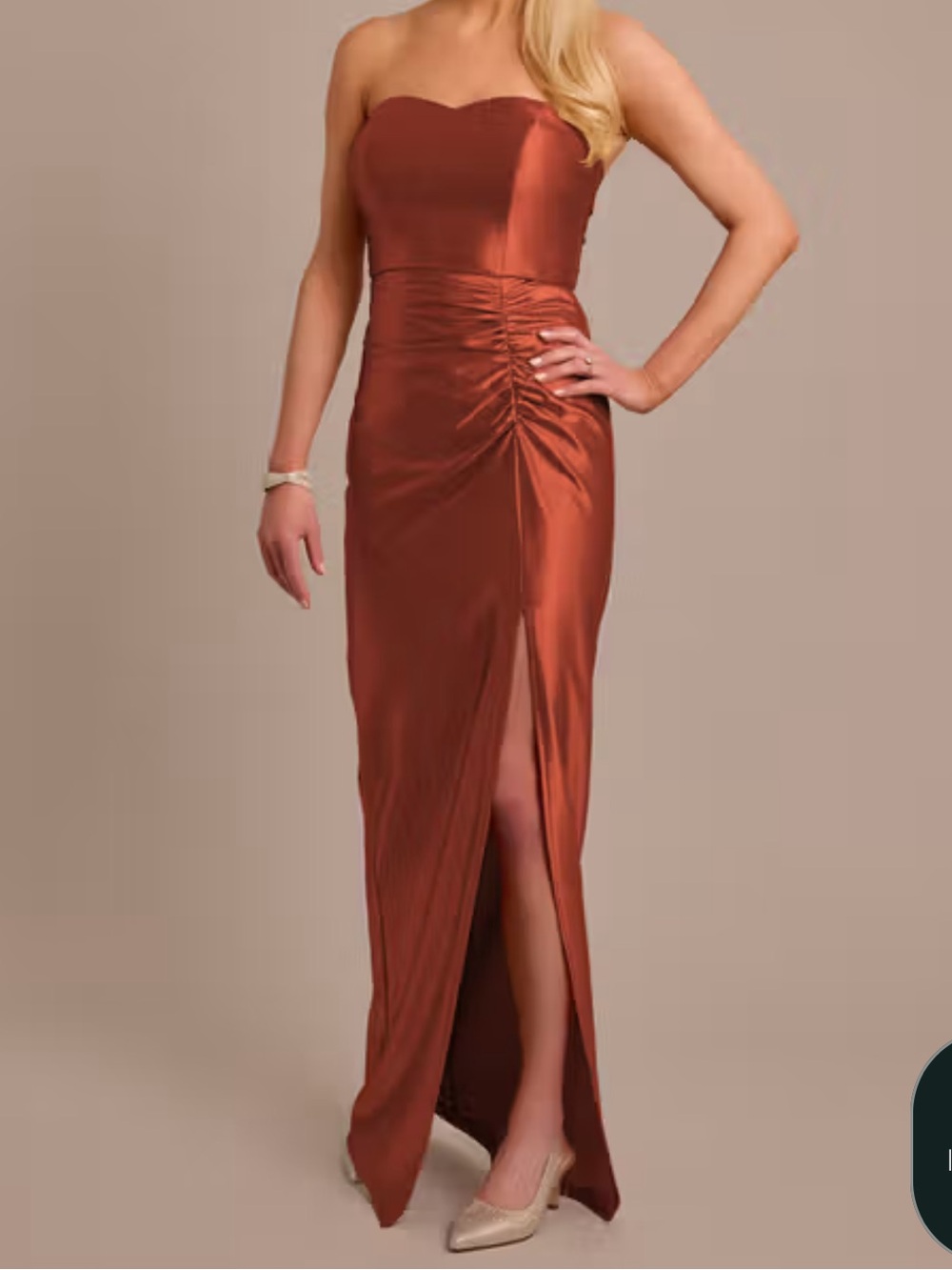 David’s Bridal Vince Copper Strapless Ruched Satin Gown